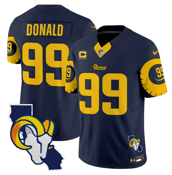 Men's Los Angeles Rams #99 Aaron Donald Navy 2025 4-Star C Patch F.U.S.E. V2 Limited Stitched Football Jersey Men's Los Angeles Rams #99 Aaron Donald Navy 2025 4-Star C Patch F.U.S.E. V2 Limited Stitched Football Jersey